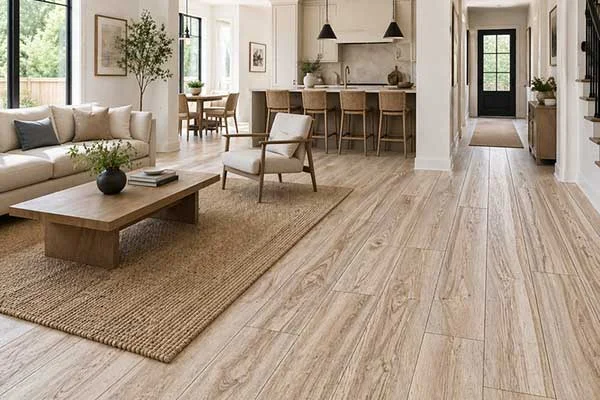 Light hardwood running from living room through to the kitchen