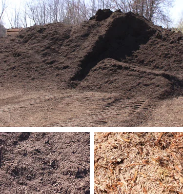 Huge black mulch pile at the yard, with two color samples