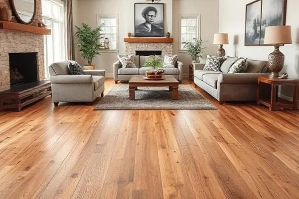 Honey-toned oak boards in a living room with twin sofas