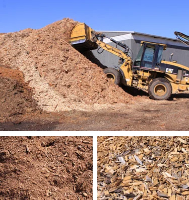 Loader piling wood chips, with mulch and chip samples below
