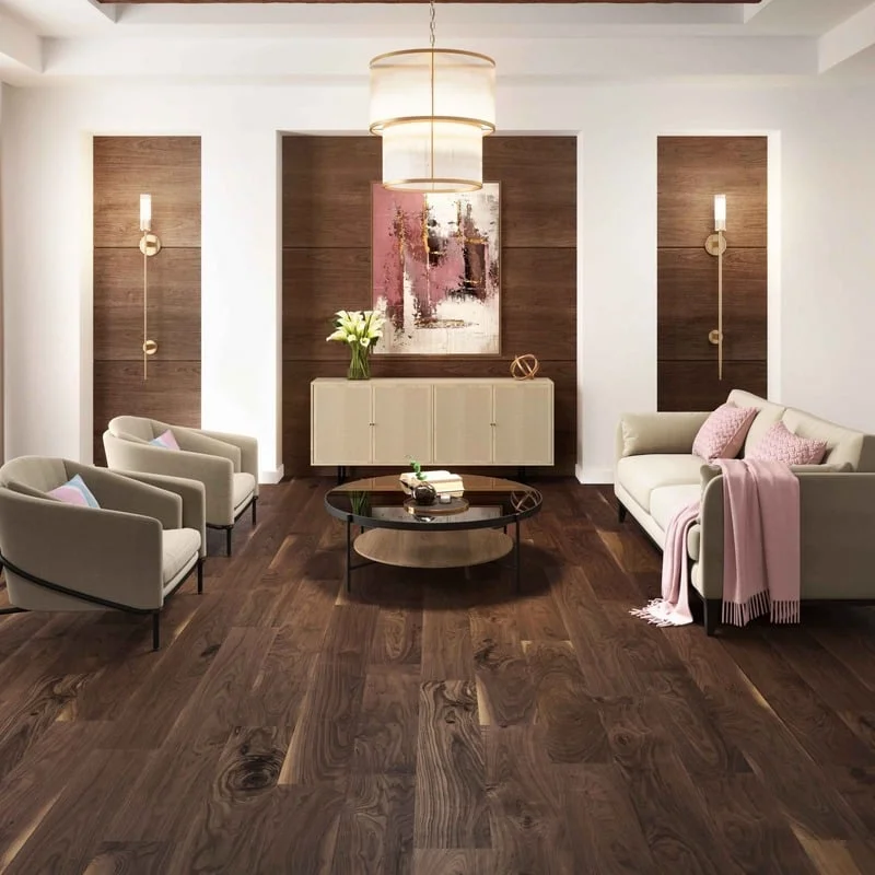 Dark walnut floor in a formal sitting room with drum pendant