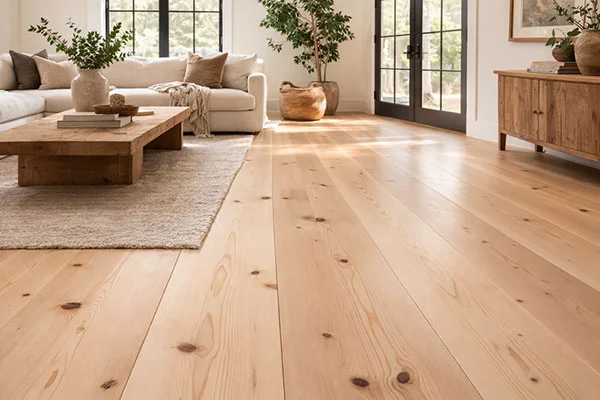 Wide knotty pine boards in sunlight across a bright living room